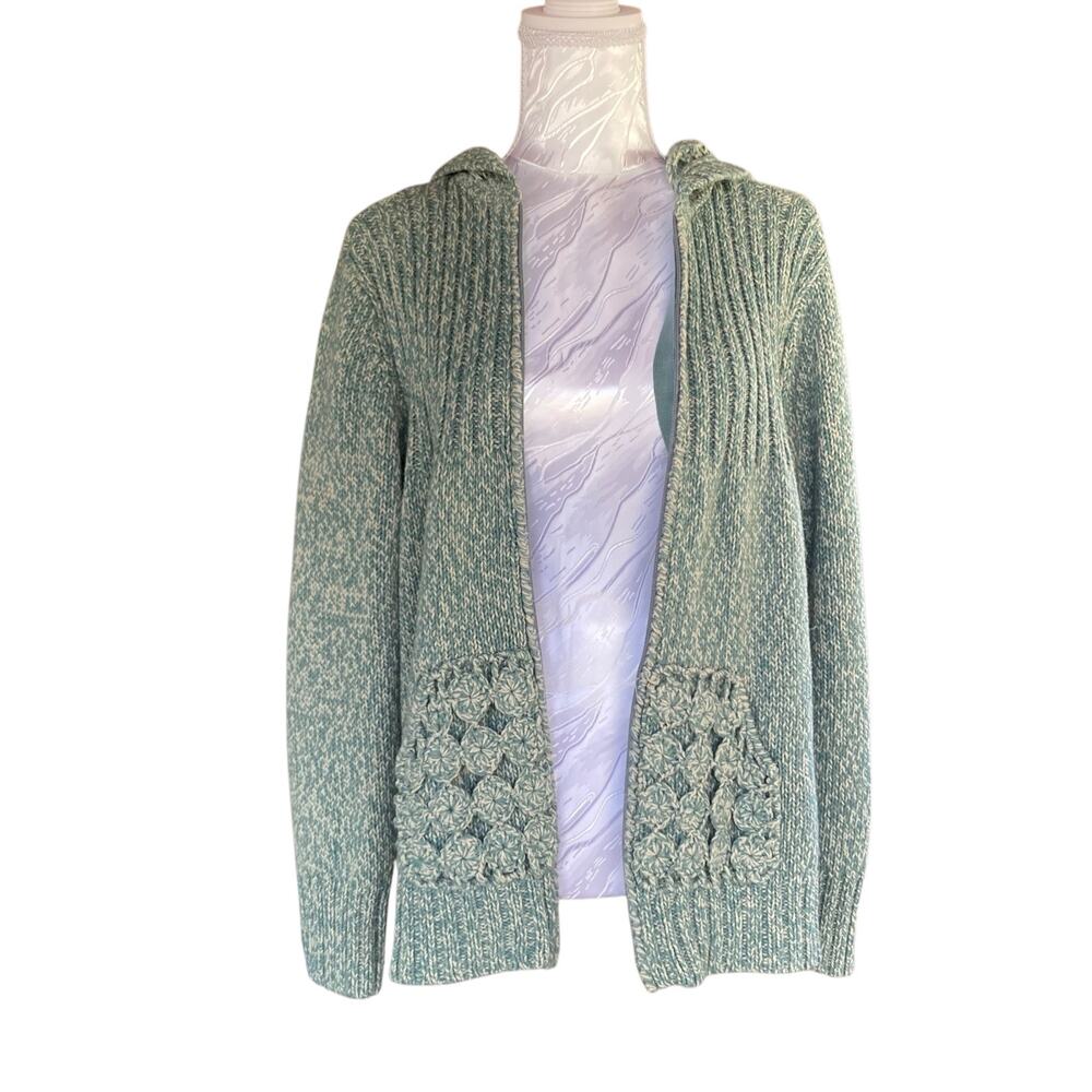 Y2K Cabelas Yoyo Turquoise Green Crochet Hood Full Zip Knit Sweater Size 2XL